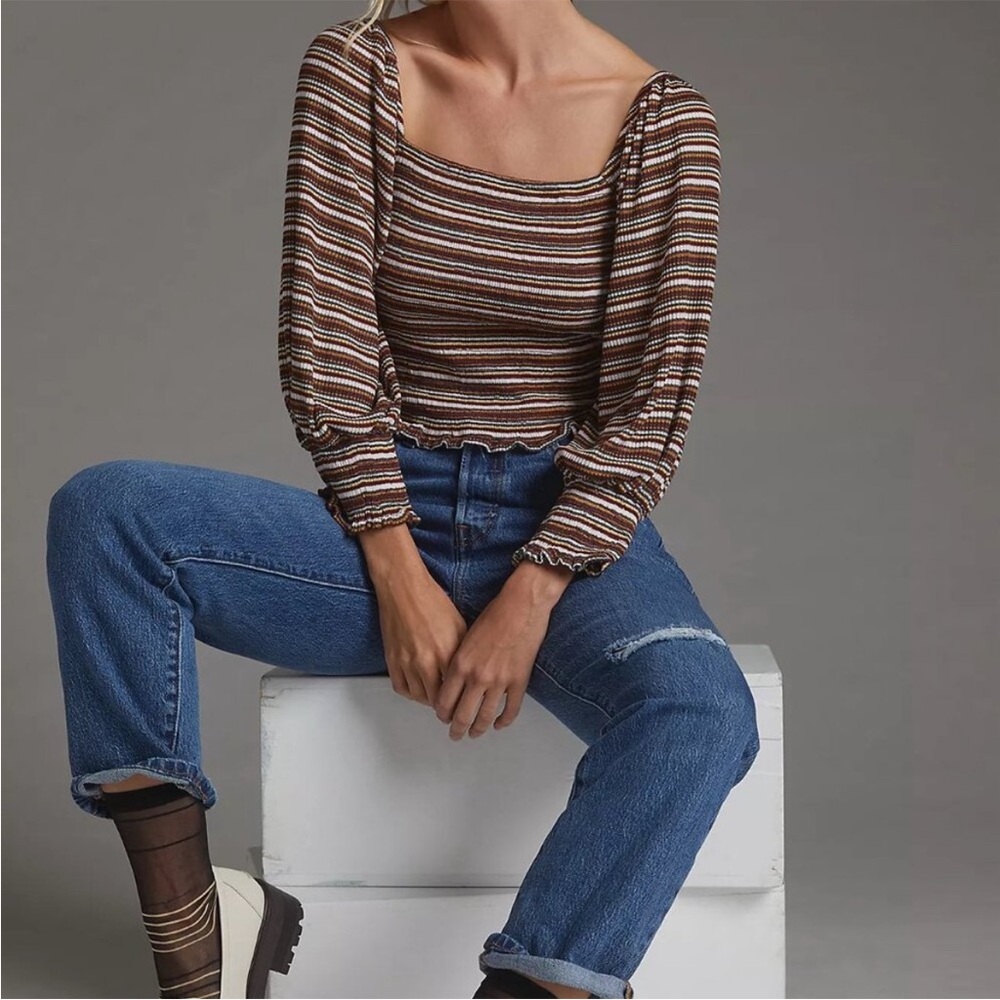 Anthropologie Striped Brown and White Top